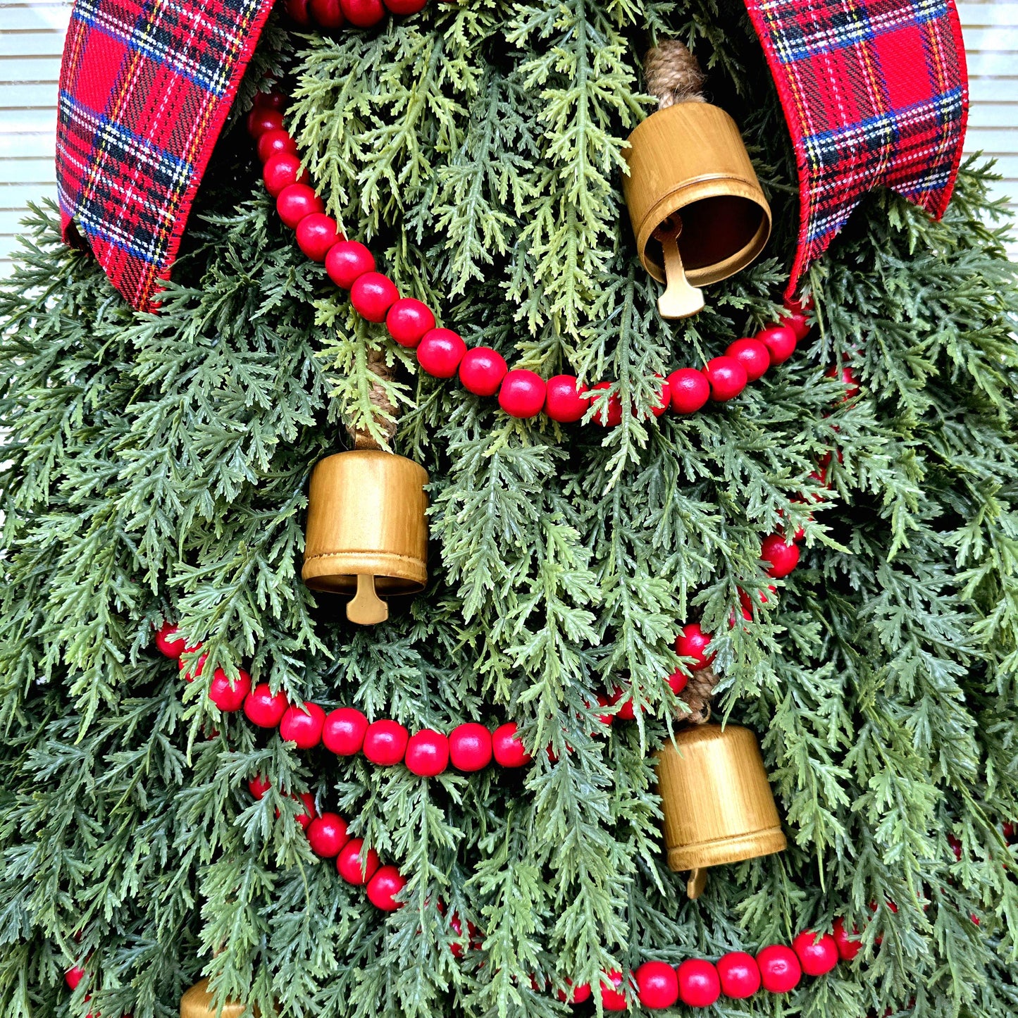 Christmas Tree Wreath For Front Door, Double Doors Wreaths, Xmas Tree Shaped Swag With Cedar, Bells, Traditional Plaid Bow, Unique Home Gift