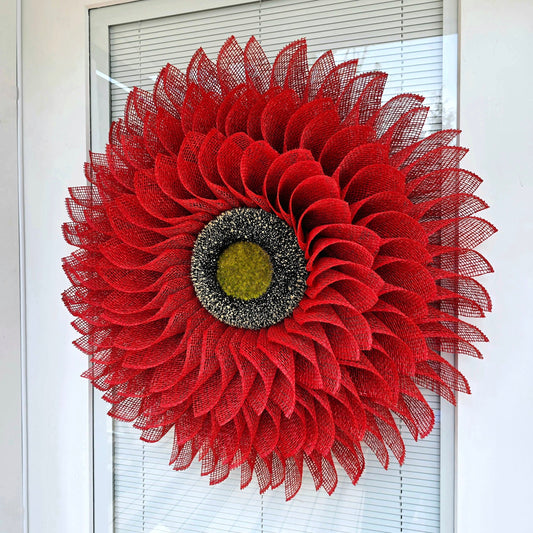 Sunflower Wreath For Front Door, Double Door Wreaths, Outdoor Spring Summer Fall Decor, Red Burlap Sun Flower, Autumn Decoration, Home Gift