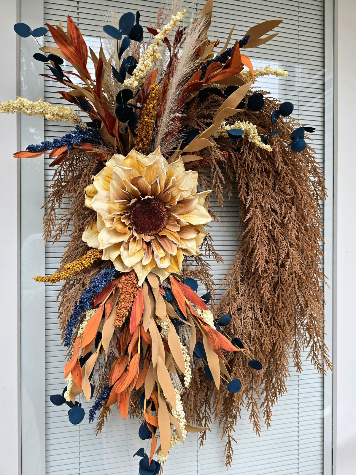 Handcrafted Autumn Sunflower Wreath: Blue, Cream & Orange Fall Decor