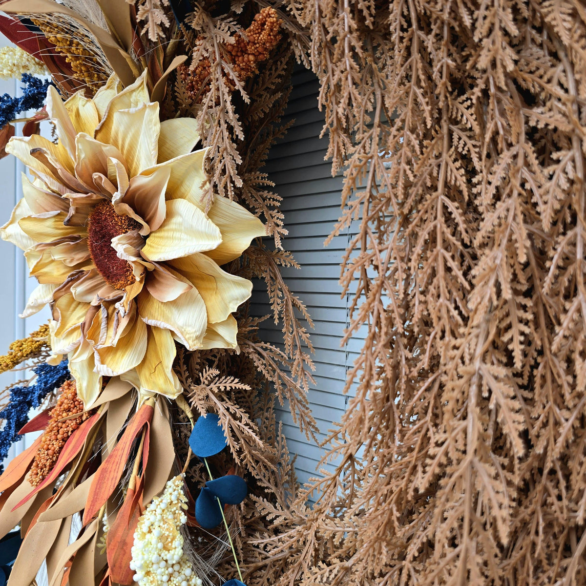 Handcrafted Autumn Sunflower Wreath: Blue, Cream & Orange Fall Decor