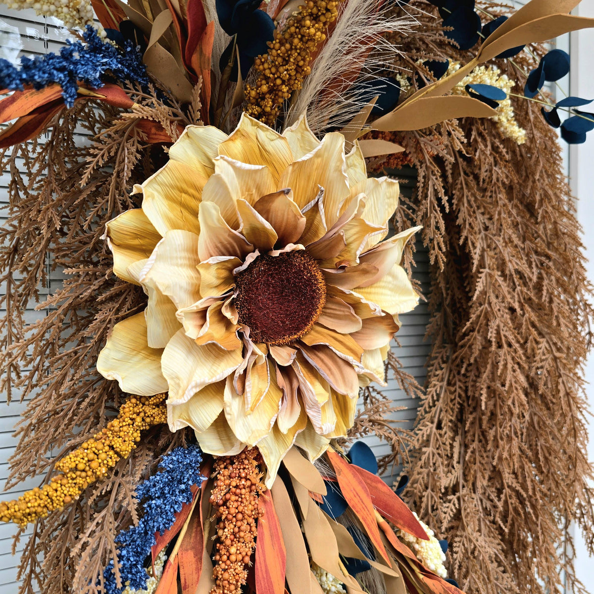 Handcrafted Autumn Sunflower Wreath: Blue, Cream & Orange Fall Decor