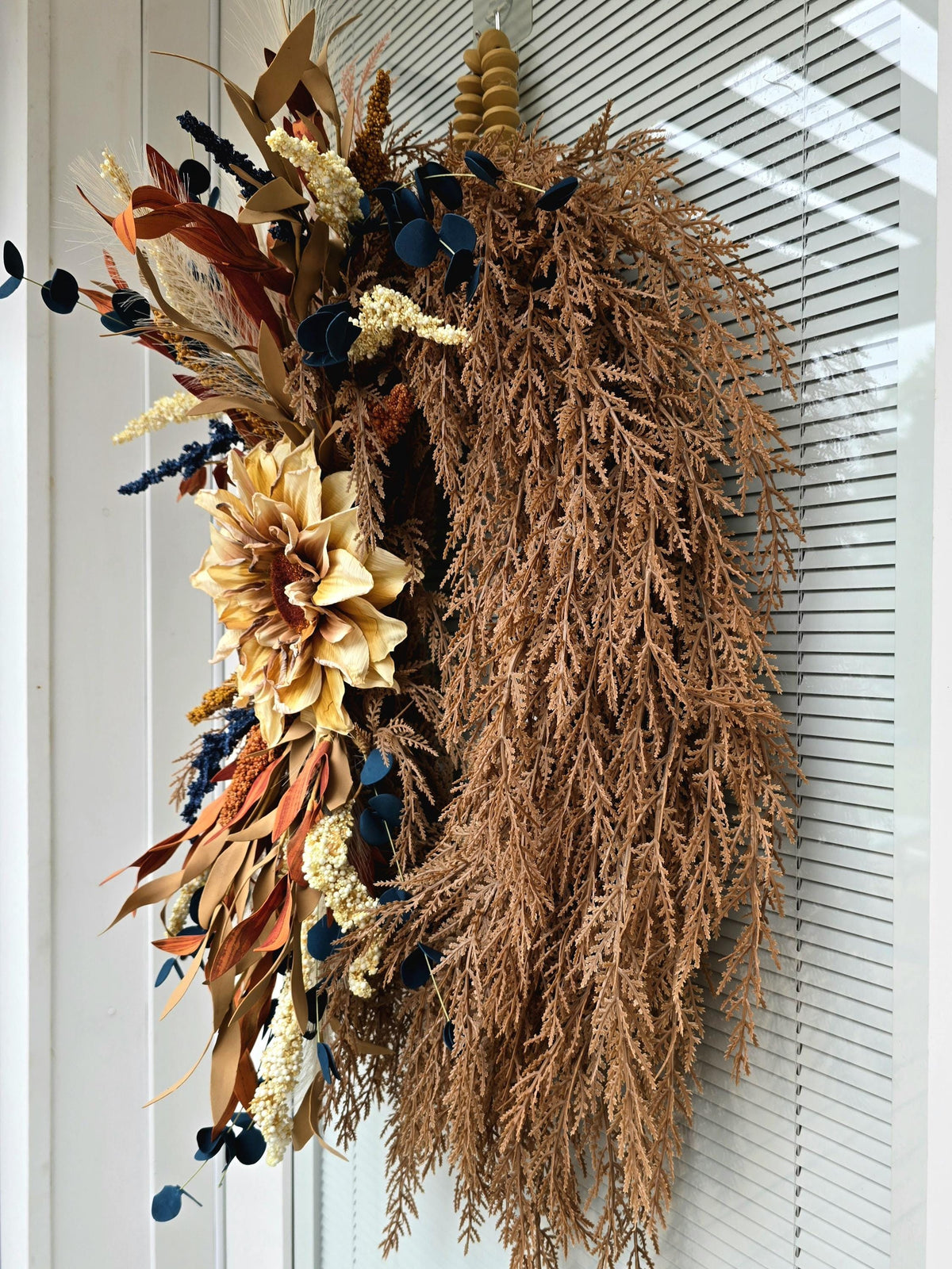 Handcrafted Autumn Sunflower Wreath: Blue, Cream & Orange Fall Decor