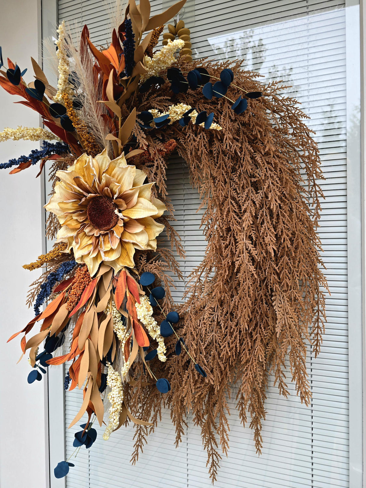 Handcrafted Autumn Sunflower Wreath: Blue, Cream & Orange Fall Decor