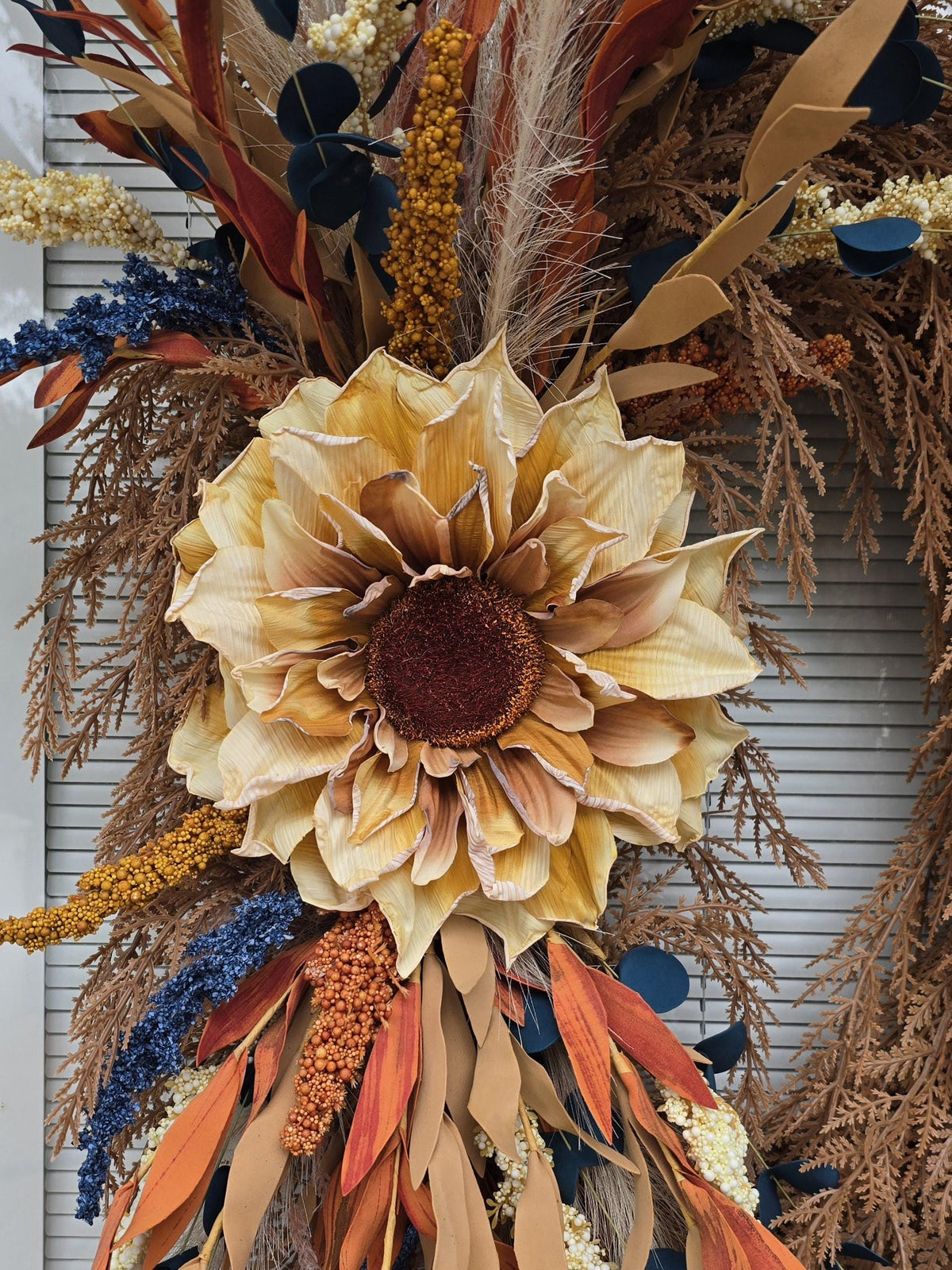 Handcrafted Autumn Sunflower Wreath: Blue, Cream & Orange Fall Decor