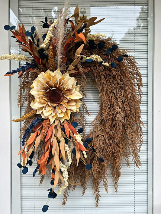 Fall Wreath for Front Door, Double Door Wreaths, Outdoor Autumn Sunflower Decor,  Blue Cream Orange Rust Floral Decor, Handcrafted Home Gift