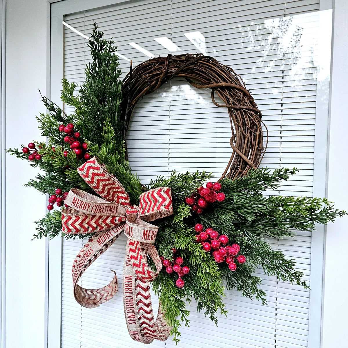 Merry Christmas Wreath: Cedar, Red Berries & Burlap Bow