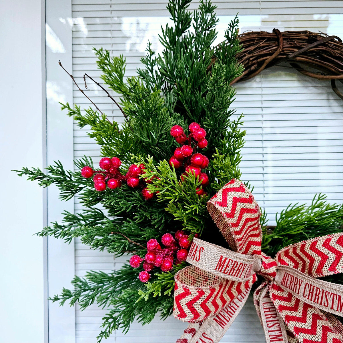 Merry Christmas Wreath: Cedar, Red Berries & Burlap Bow
