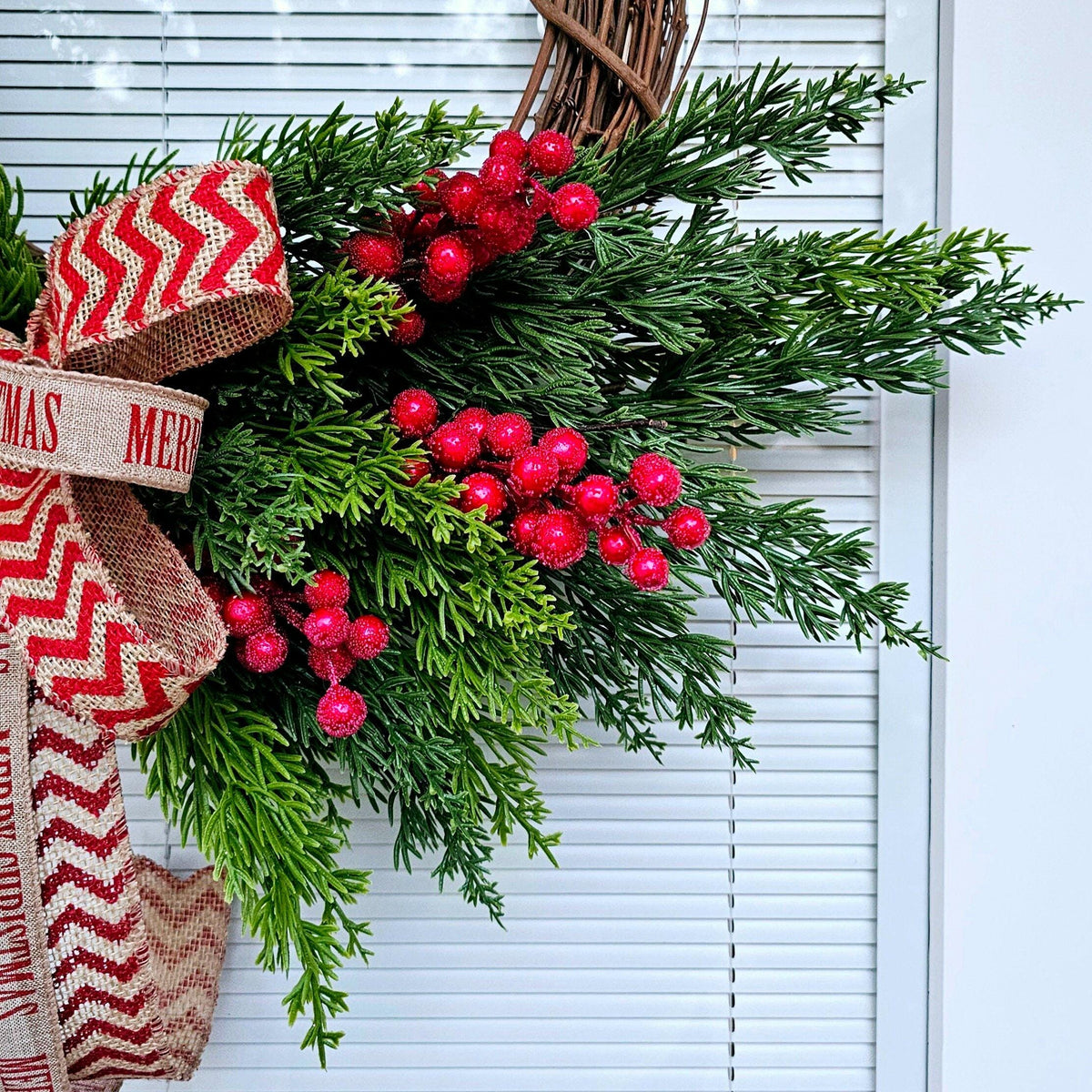 Merry Christmas Wreath: Cedar, Red Berries & Burlap Bow