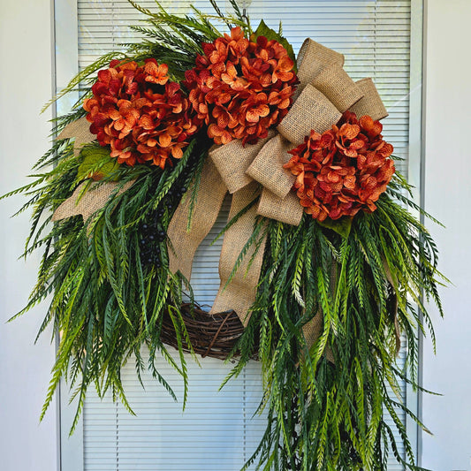 Orange Hydrangea Wreath For Front Door, Double Doors, Outdoor Spring Summer Fall Porch Decor, XL Cascading Floral Greenery Autumn Home Gift