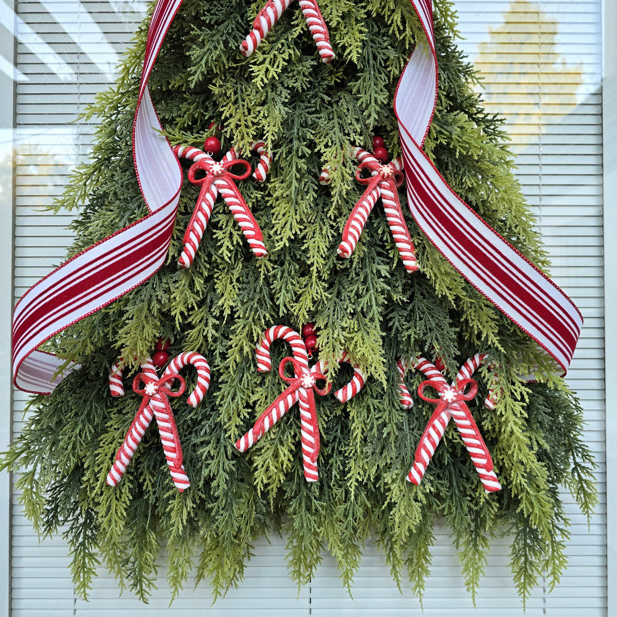 Christmas Wreath For Front Door, Double Door Wreaths,  Indoor Outdoor Holiday Candy Cane Xmas Tree Swag With Red White Candycanes
