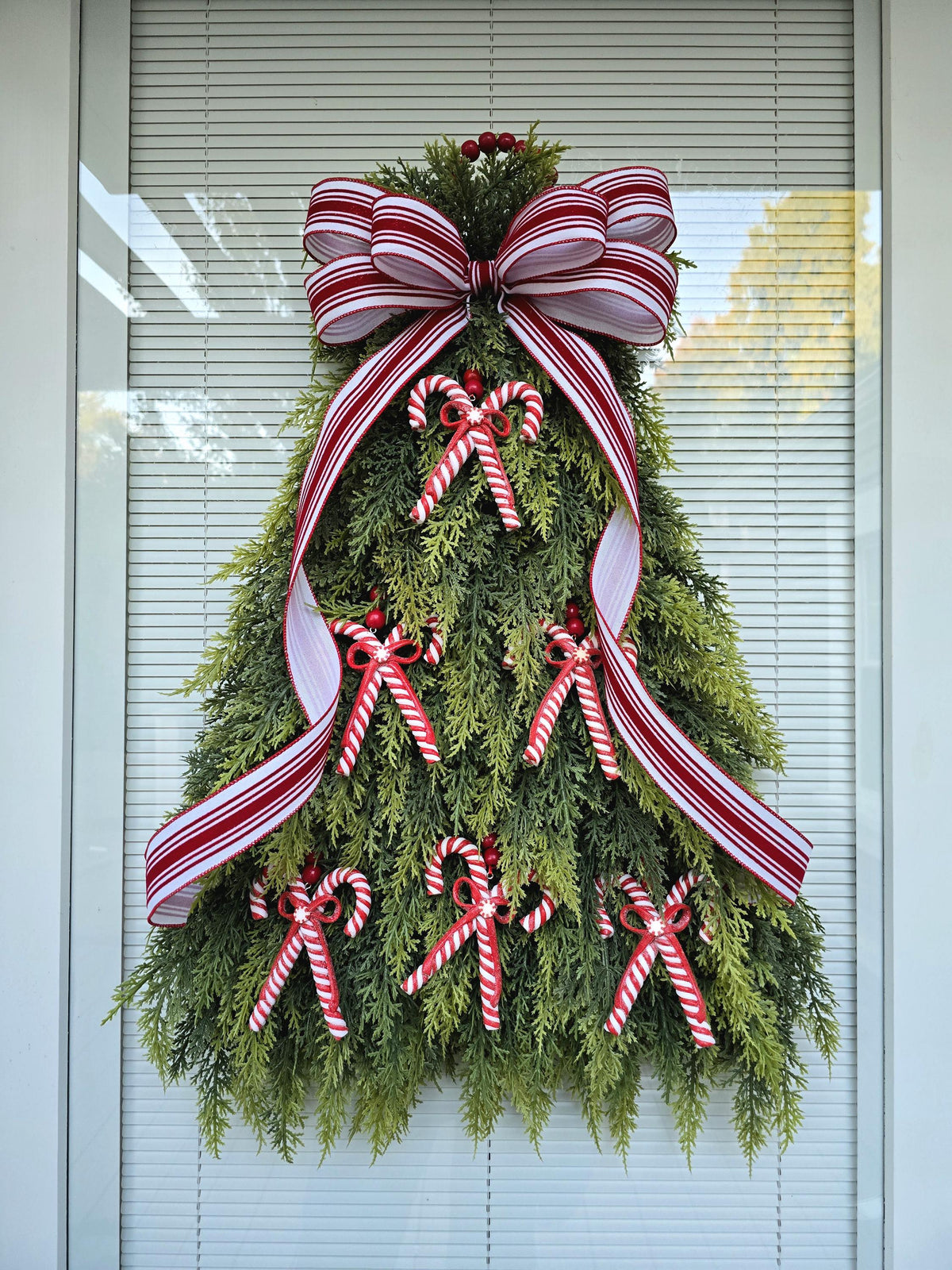 Christmas Wreath For Front Door, Double Door Wreaths,  Indoor Outdoor Holiday Candy Cane Xmas Tree Swag With Red White Candycanes