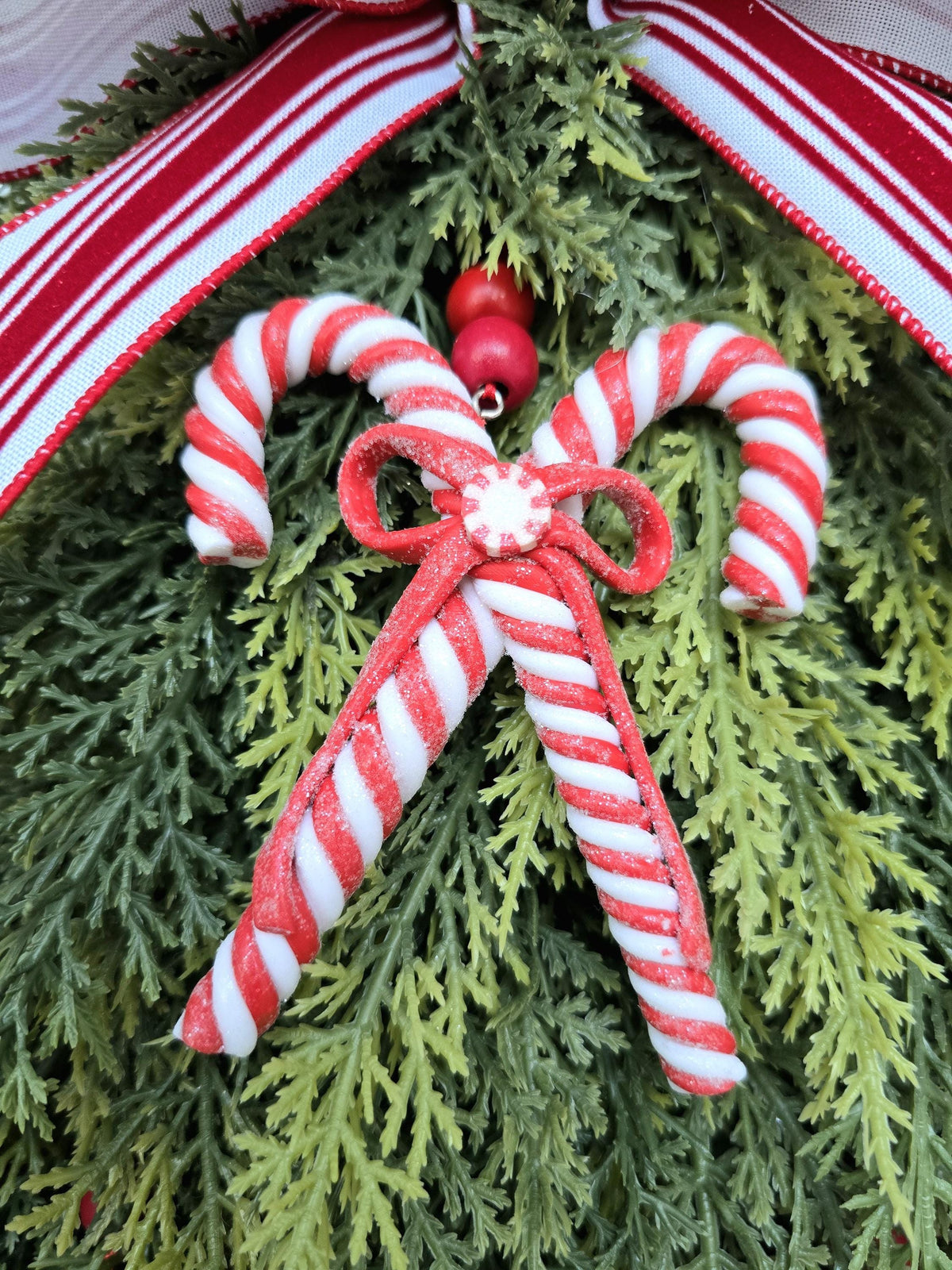 Christmas Wreath For Front Door, Double Door Wreaths,  Indoor Outdoor Holiday Candy Cane Xmas Tree Swag With Red White Candycanes