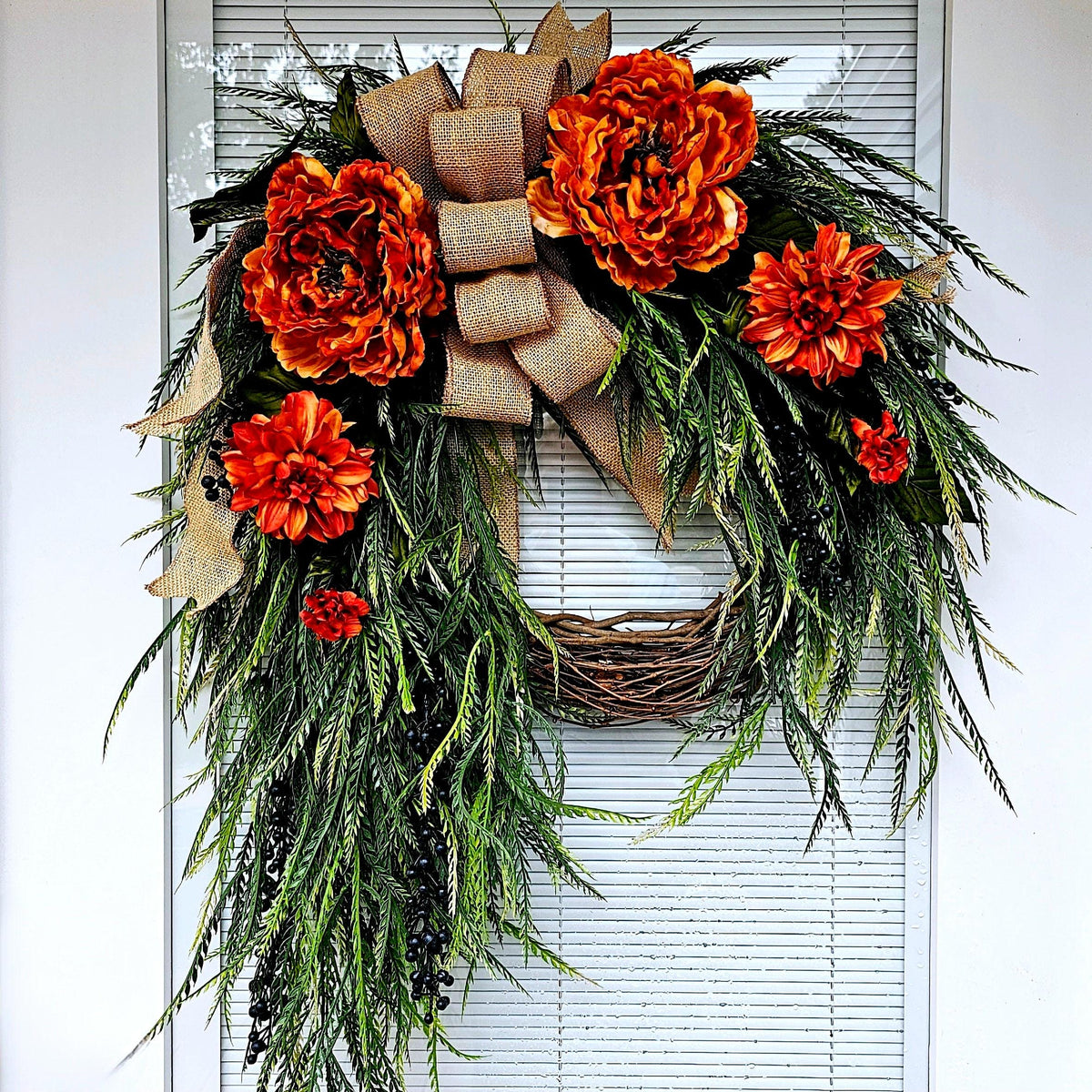 Orange Floral Wreath: Peonies, Dahlias, Burlap Bow, Grapevine Base