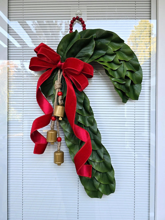 Candy Cane Wreath Christmas Wreaths For Front Door Holiday Double Door Decor Candycane Shaped Magnolia Leaves Hanger Xmas Swag Home Gifts