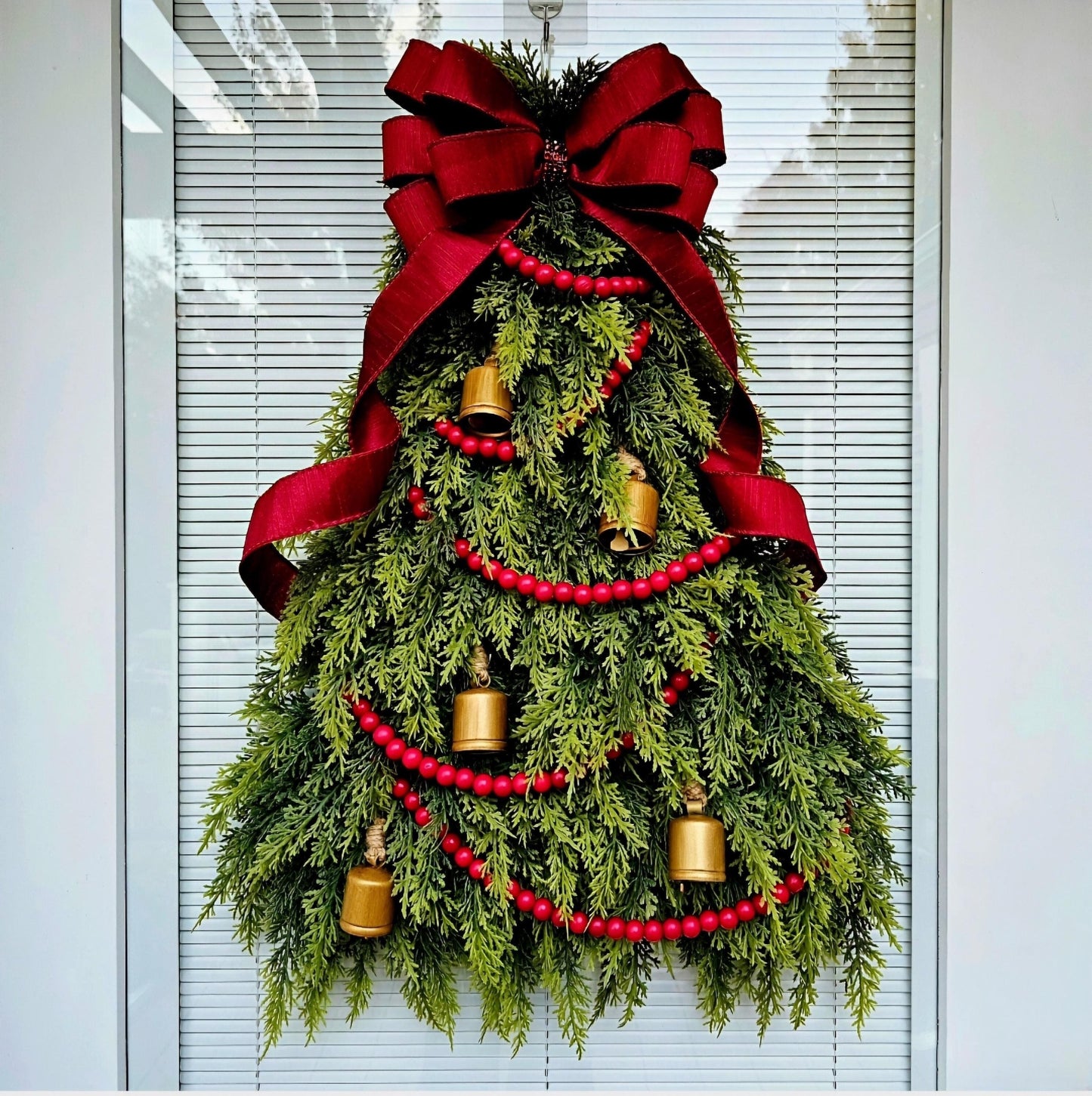 Christmas Wreaths For Front Door, Double Door, Unique Holiday Teardrop Swag & Bells, Winter Xmas Tree Shaped Home Decor, Elegant House Gift