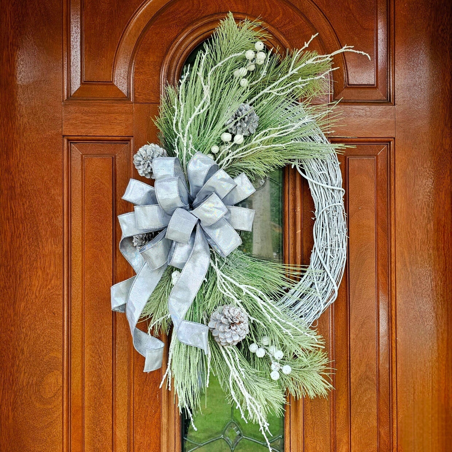 Handcrafted White & Silver Christmas Wreath For Front Door, Winter Porch Decor, Holiday Seasonal Home Decoration, Xmas Housewarming Gift