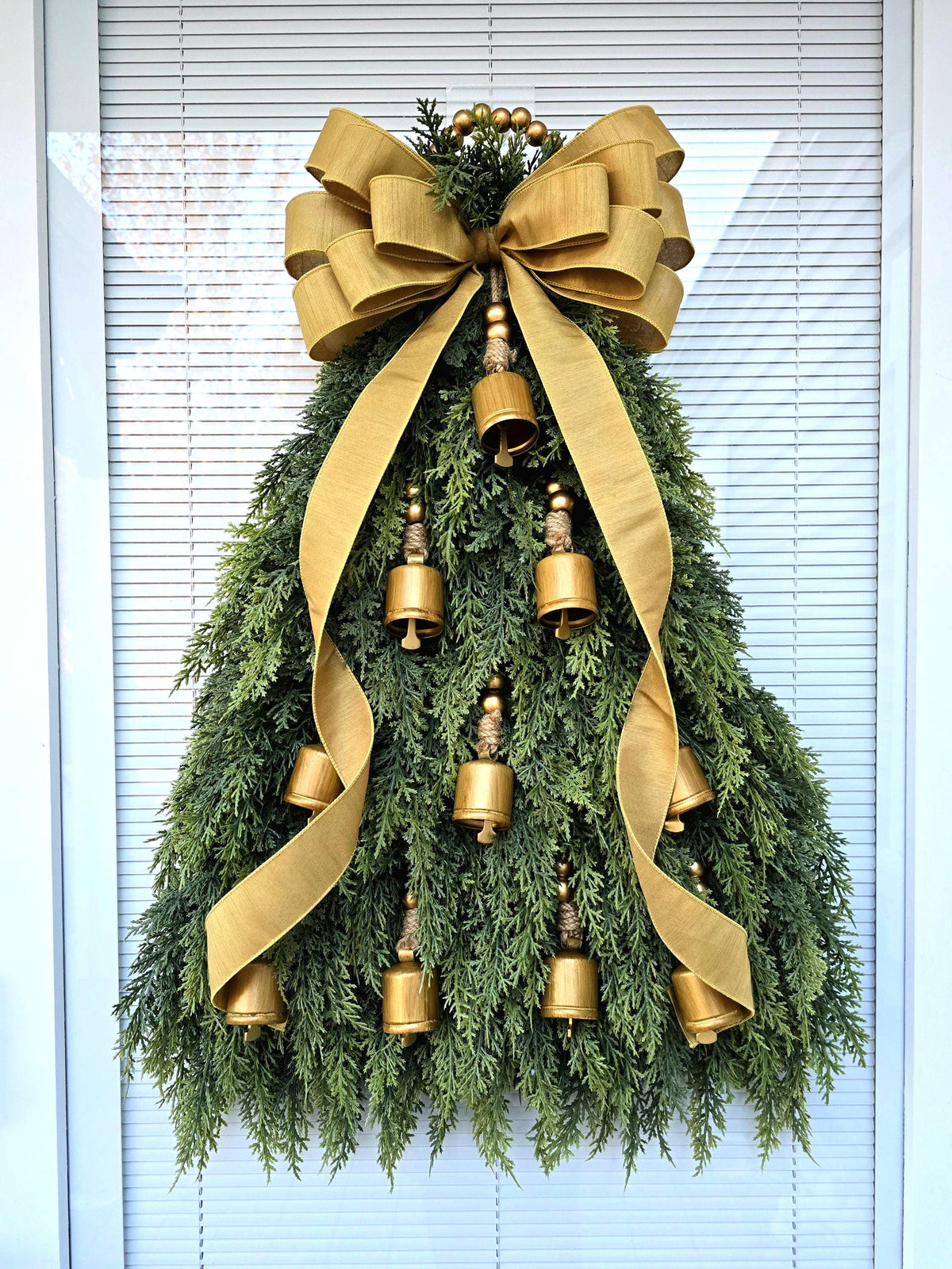 Christmas Wreath For Front Door, Double Doors, Home Decor, Large Elegant Xmas Tree Teardrop Swag With Bells