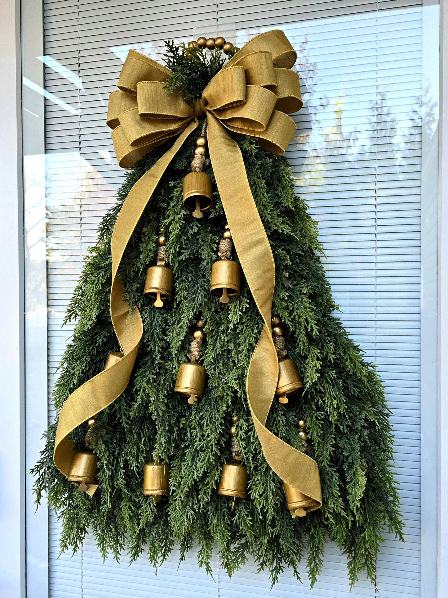 Christmas Wreath For Front Door, Double Doors, Home Decor, Large Elegant Xmas Tree Teardrop Swag With Bells