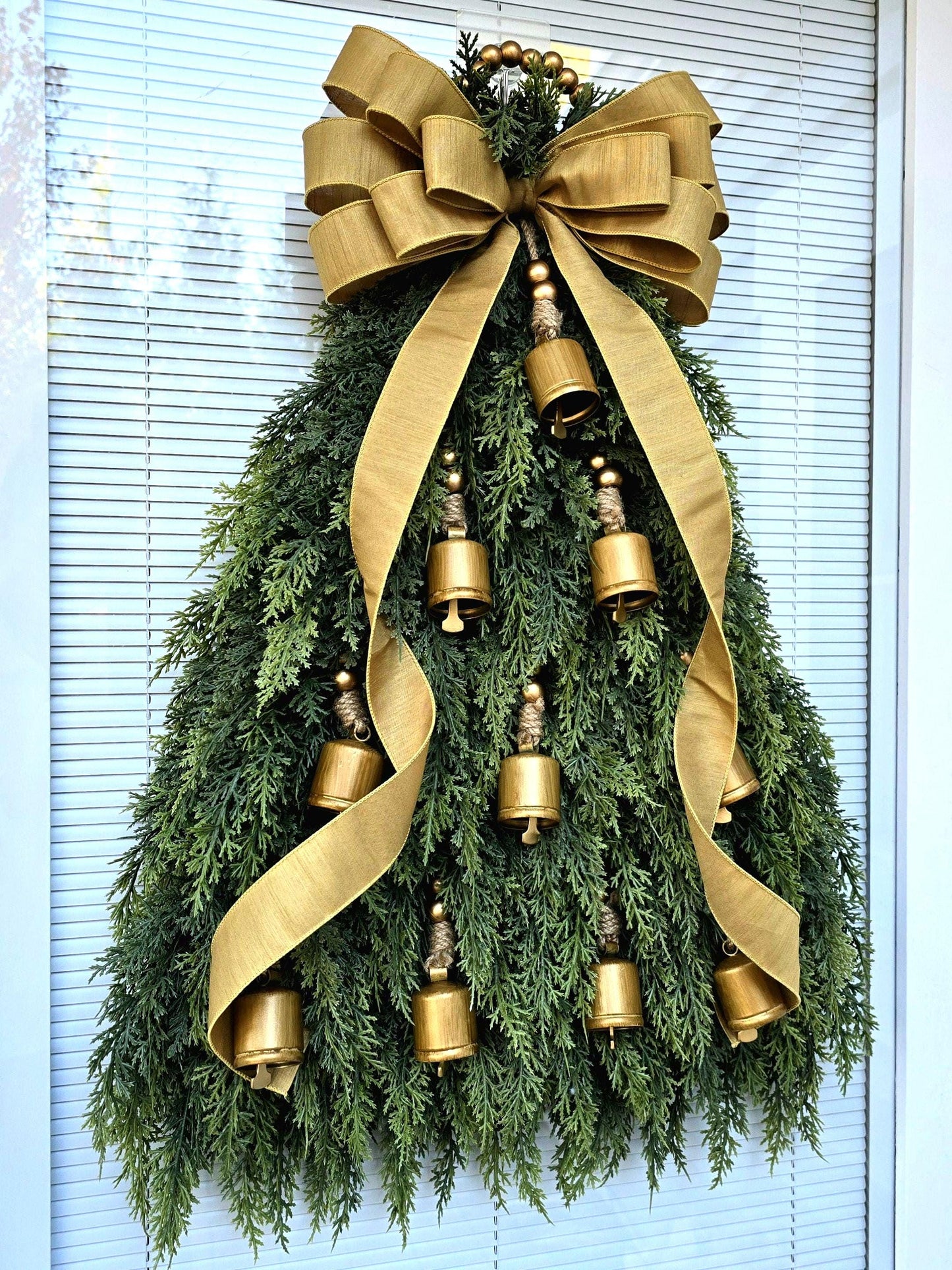 Christmas Wreath For Front Door, Double Doors, Home Decor, Large Elegant Xmas Tree Teardrop Swag With Bells