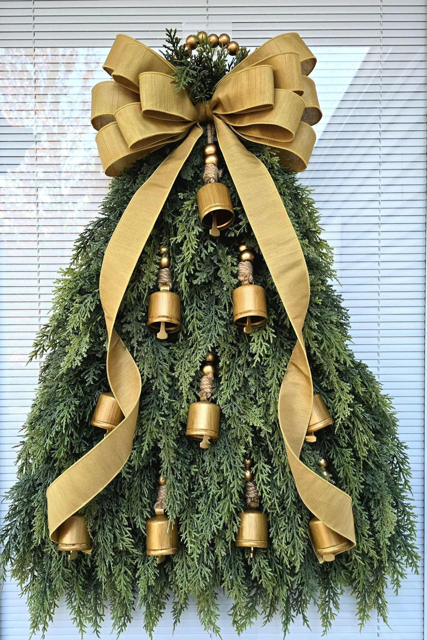 Christmas Wreath For Front Door, Double Doors, Home Decor, Large Elegant Xmas Tree Teardrop Swag With Bells