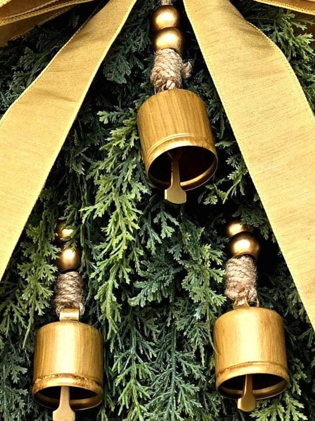 Christmas Tree Wreath For Front Door, Double Door, Winter Home Decor, Xmas Teardrop Holiday Swag & Bells, Gate Fence Decoration, House Gifts