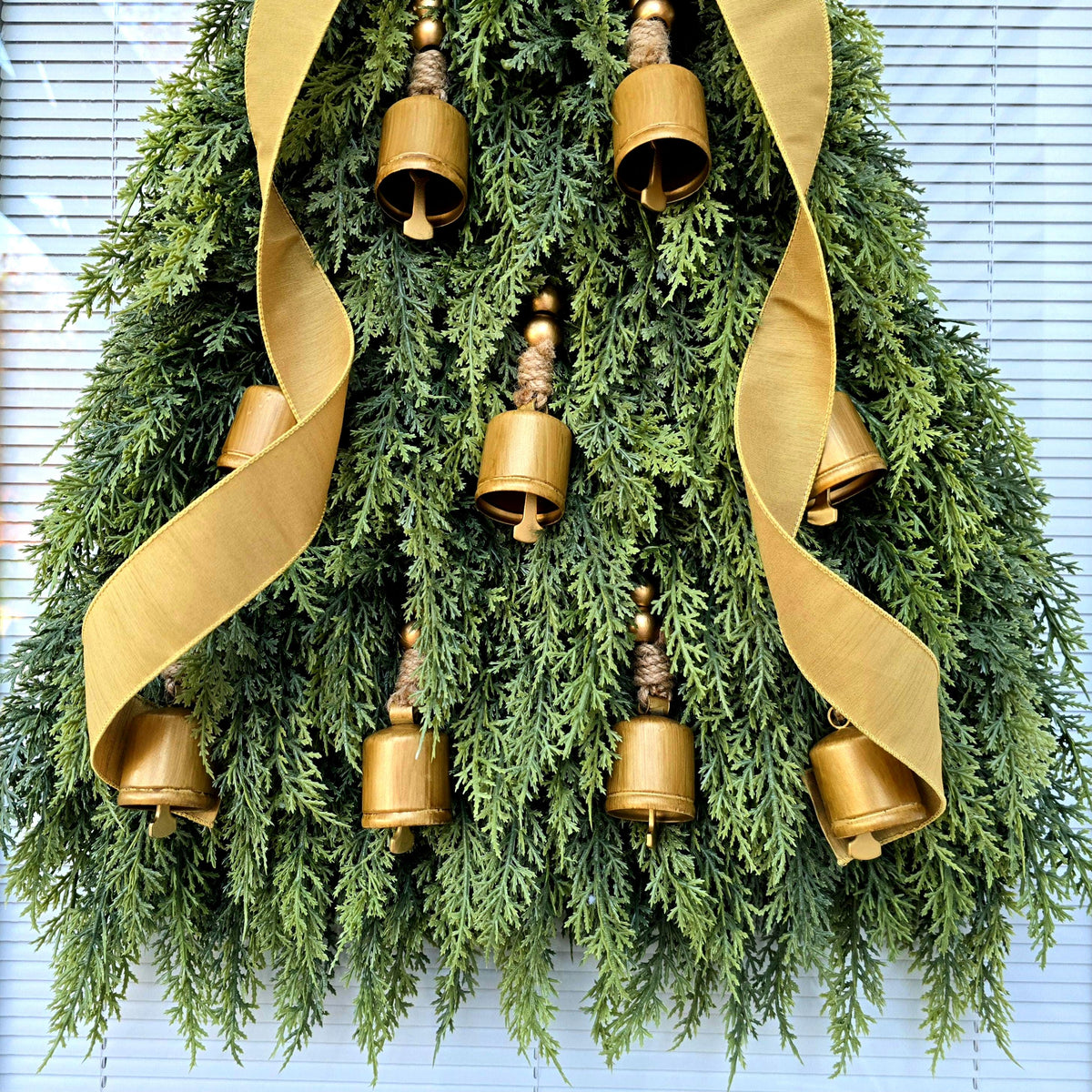Christmas Tree Wreath For Front Door, Double Door, Winter Home Decor, Xmas Teardrop Holiday Swag & Bells, Gate Fence Decoration, House Gifts
