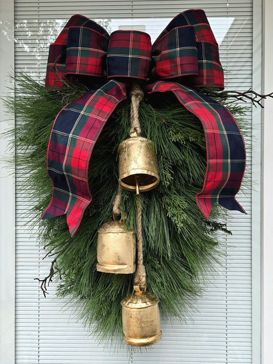 Traditional Christmas Wreath For Front Door, Double Doors Wreaths, Outdoor Extra Large Xmas Swag, XL Holiday Teardrop & Bells, Home Gifts