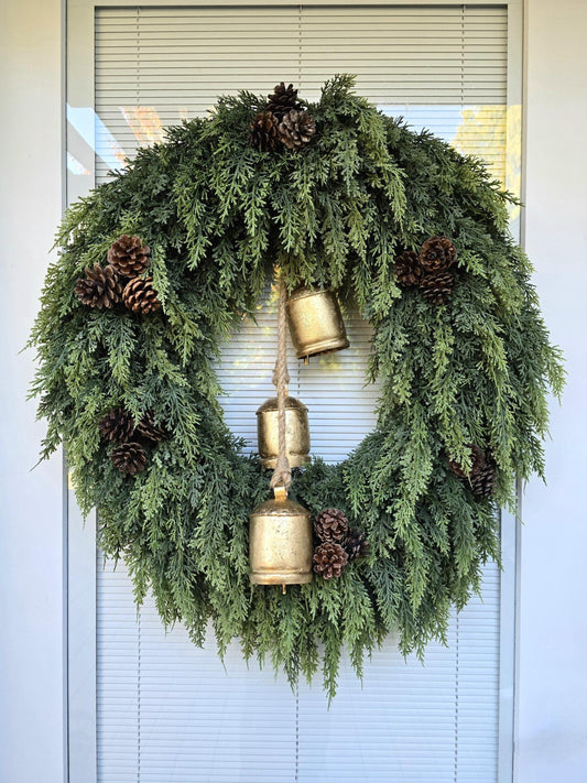 Christmas Wreaths for Front Door With Real Touch Cedar Pinecone & Bells, Winter Holiday Decor, Natural Rustic Outdoor Wreath, XL Home Gifts