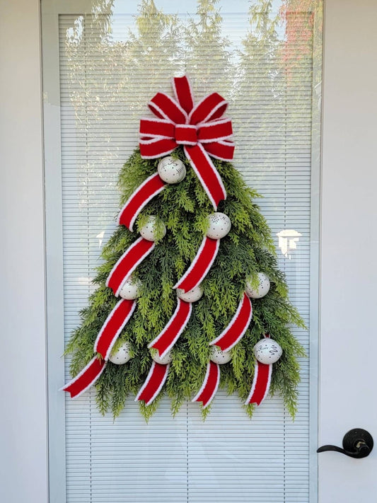 Outdoor Christmas Wreath For Front Door, Double Doors & Porch Decor, Large Outside Xmas Holiday Evergreen Real Touch Cedar Tree Bells Swag