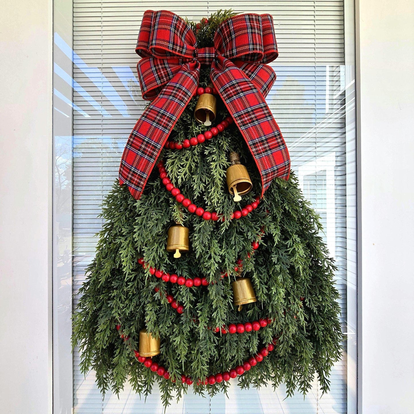 Christmas Tree Wreath For Front Door, Double Doors Wreaths, Xmas Tree Shaped Swag With Cedar, Bells, Traditional Plaid Bow, Unique Home Gift