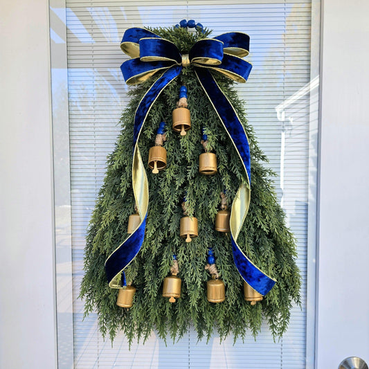 CHRISTMAS WREATH For Front Door Double Door Wreaths Outdoor Holiday Home Decor Blue Gold Bells Xmas Tree Teardrop Swag Housewarming Gift