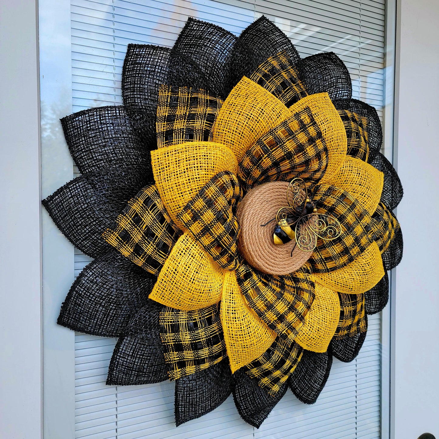 Summer Wreath For Front Door Double Door Wreaths Sunflower Bumble Bee Outdoor Decor Large Yellow Black Burlap Flower Bumblebee Home Gift 25"