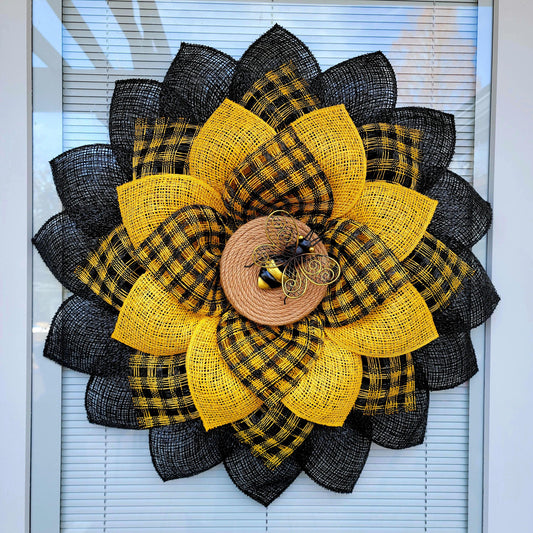 Summer Wreath For Front Door Double Door Wreaths Sunflower Bumble Bee Outdoor Decor Large Yellow Black Burlap Flower Bumblebee Home Gift 25"