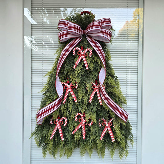 Christmas Wreath For Front Door, Double Door Decor, Outdoor Large Holiday Candy Cane Decoration, Xmas Tree Swag With Red & White Candycanes