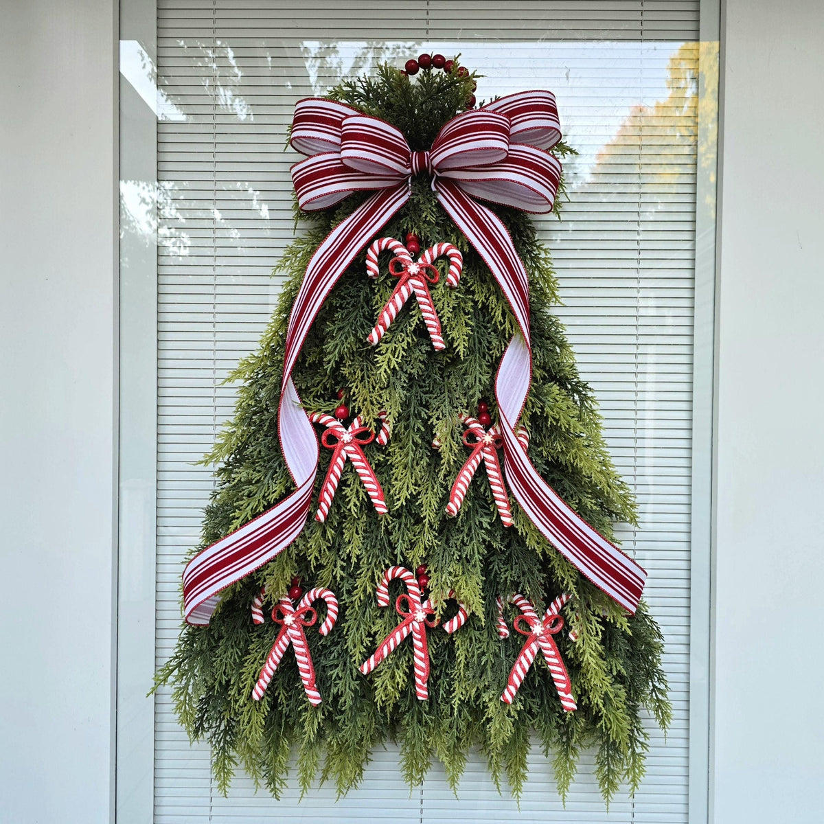 Christmas Wreath For Front Door, Double Door Wreaths,  Indoor Outdoor Holiday Candy Cane Xmas Tree Swag With Red White Candycanes