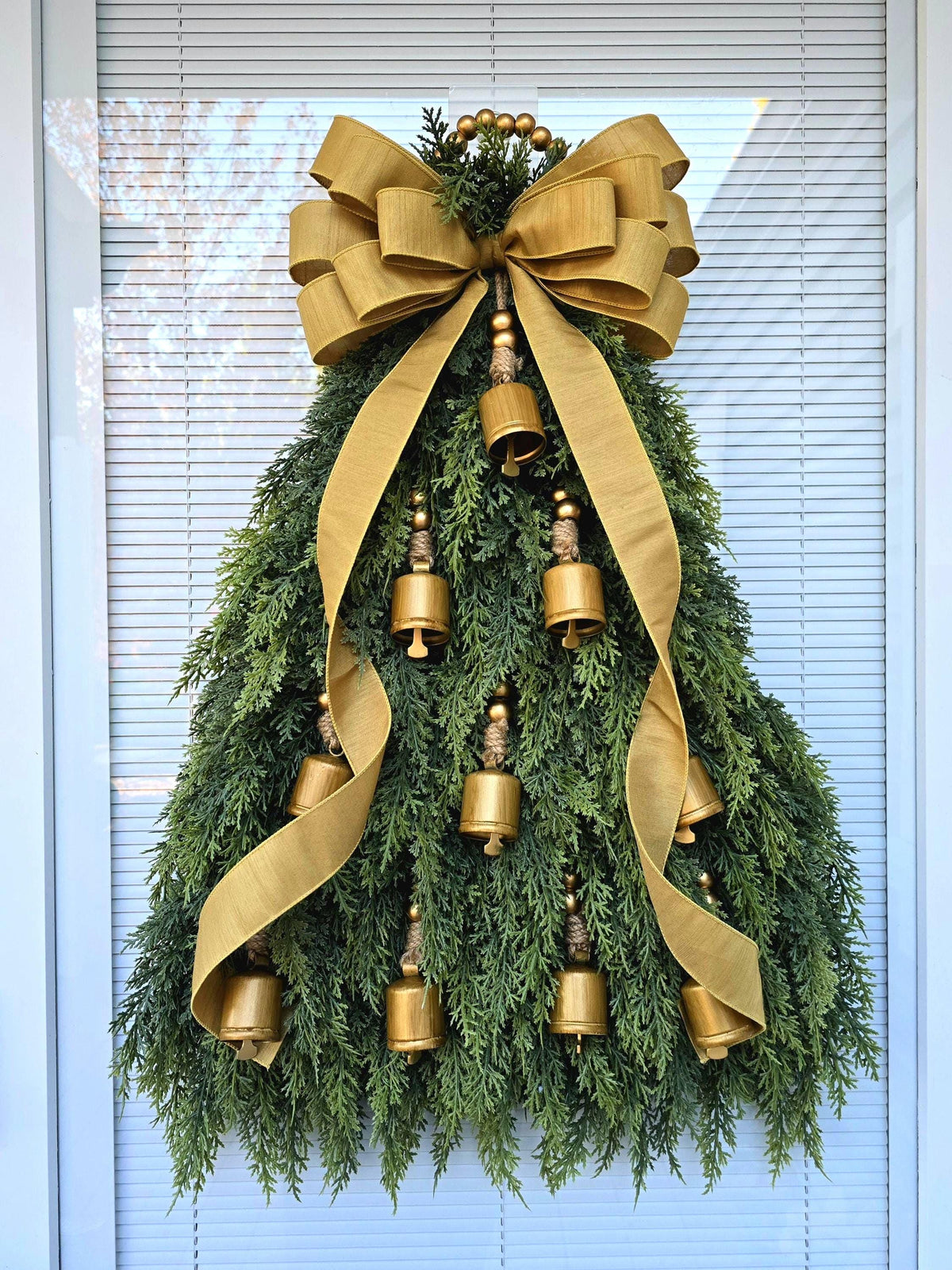 Christmas Tree Wreath For Front Door, Double Door, Winter Home Decor, Xmas Teardrop Holiday Swag & Bells, Gate Fence Decoration, House Gifts