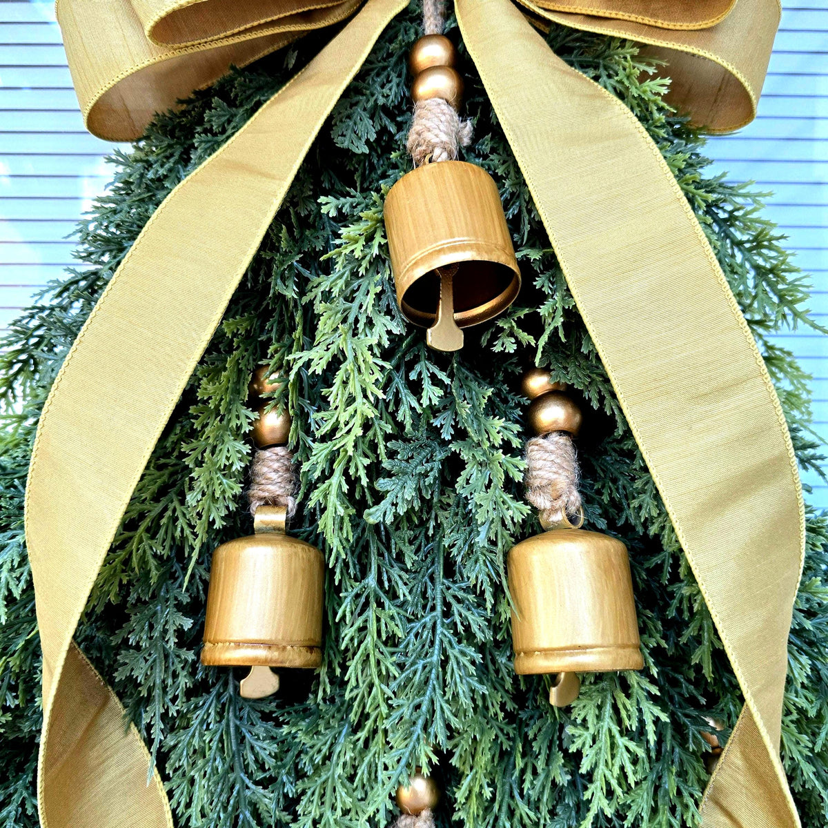 Christmas Tree Wreath For Front Door, Double Door, Winter Home Decor, Xmas Teardrop Holiday Swag & Bells, Gate Fence Decoration, House Gifts