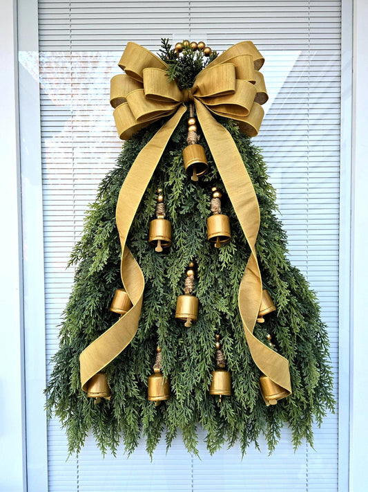 Christmas Tree Wreath For Front Door, Double Door, Winter Home Decor, Xmas Teardrop Holiday Swag & Bells, Gate Fence Decoration, House Gifts