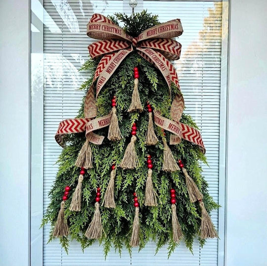 MERRY CHRISTMAS WREATH For Front Door Double Door Outdoor Holiday Decor Unique Xmas Tree Swag Winter Teardrop Artificial Cedar Home Gift