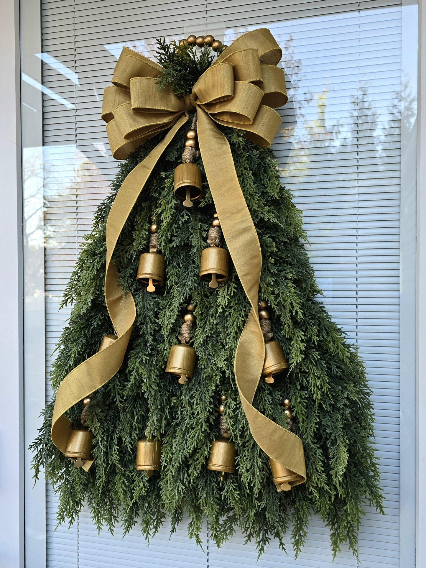 Christmas Tree Wreath For Front Door, Double Door Wreaths, Indoor Outdoor Xmas Swag - Cedar & Gold Bells, Holiday Teardrop, Home Gifts