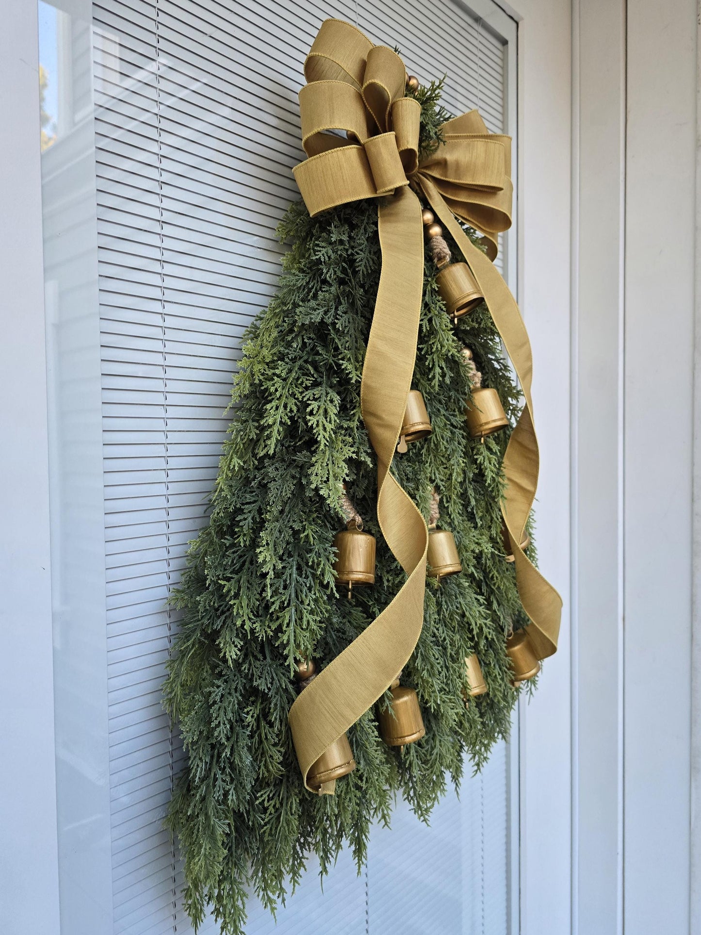 Christmas Tree Wreath For Front Door, Double Door Wreaths, Indoor Outdoor Xmas Swag - Cedar & Gold Bells, Holiday Teardrop, Home Gifts