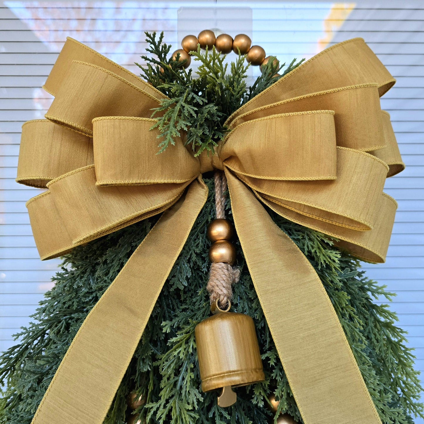 Christmas Tree Wreath For Front Door, Double Door Wreaths, Indoor Outdoor Xmas Swag - Cedar & Gold Bells, Holiday Teardrop, Home Gifts