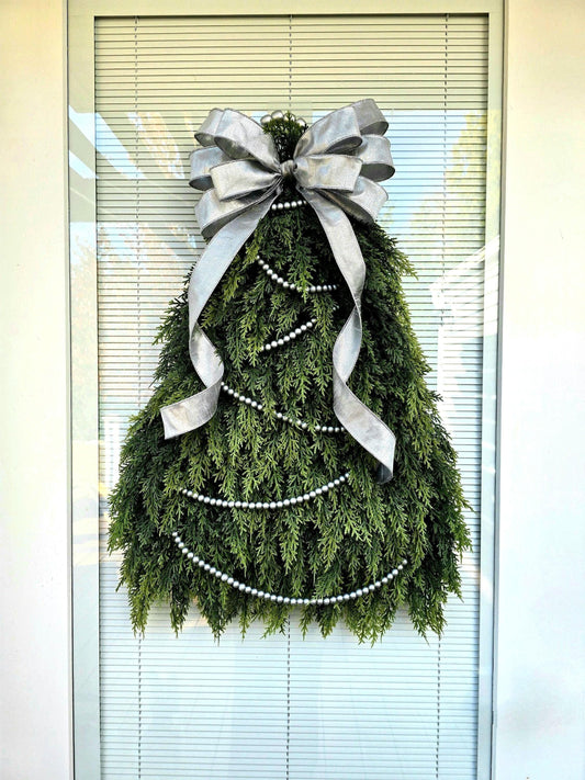 Artificial Christmas Wreath For Front Door Outdoor Winter Decor Holiday Hanger Silver Green Cedar Xmas Tree Swag Home Gift For Her