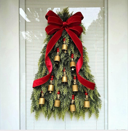 CHRISTMAS TREE WREATH For Front Door Double Door Wreaths Outdoor Winter Decor Large Holiday Cedar Teardrop Swag Gold Bells Xmas Home Gift