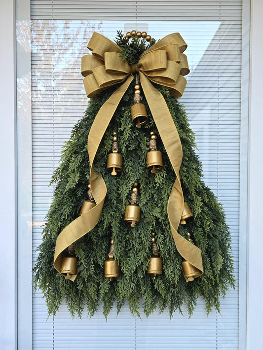 Christmas Tree Wreath For Front Door, Double Door Wreaths, Indoor Outdoor Xmas Swag - Cedar & Gold Bells, Holiday Teardrop, Home Gifts