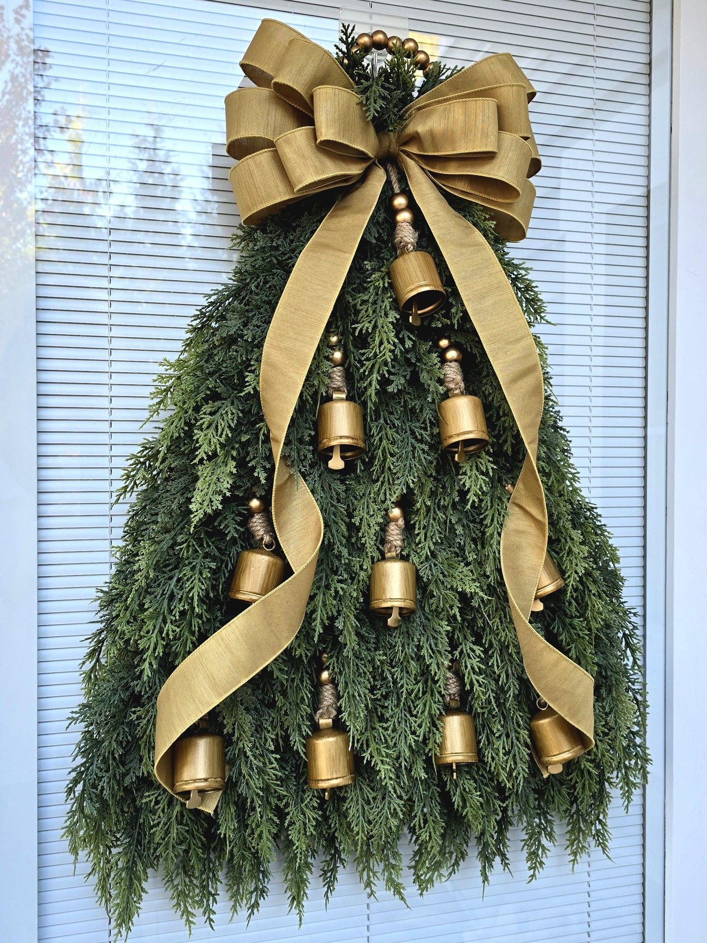 Christmas Tree Wreath For Front Door, Double Door Wreaths, Indoor Outdoor Xmas Swag - Cedar & Gold Bells, Holiday Teardrop, Home Gifts