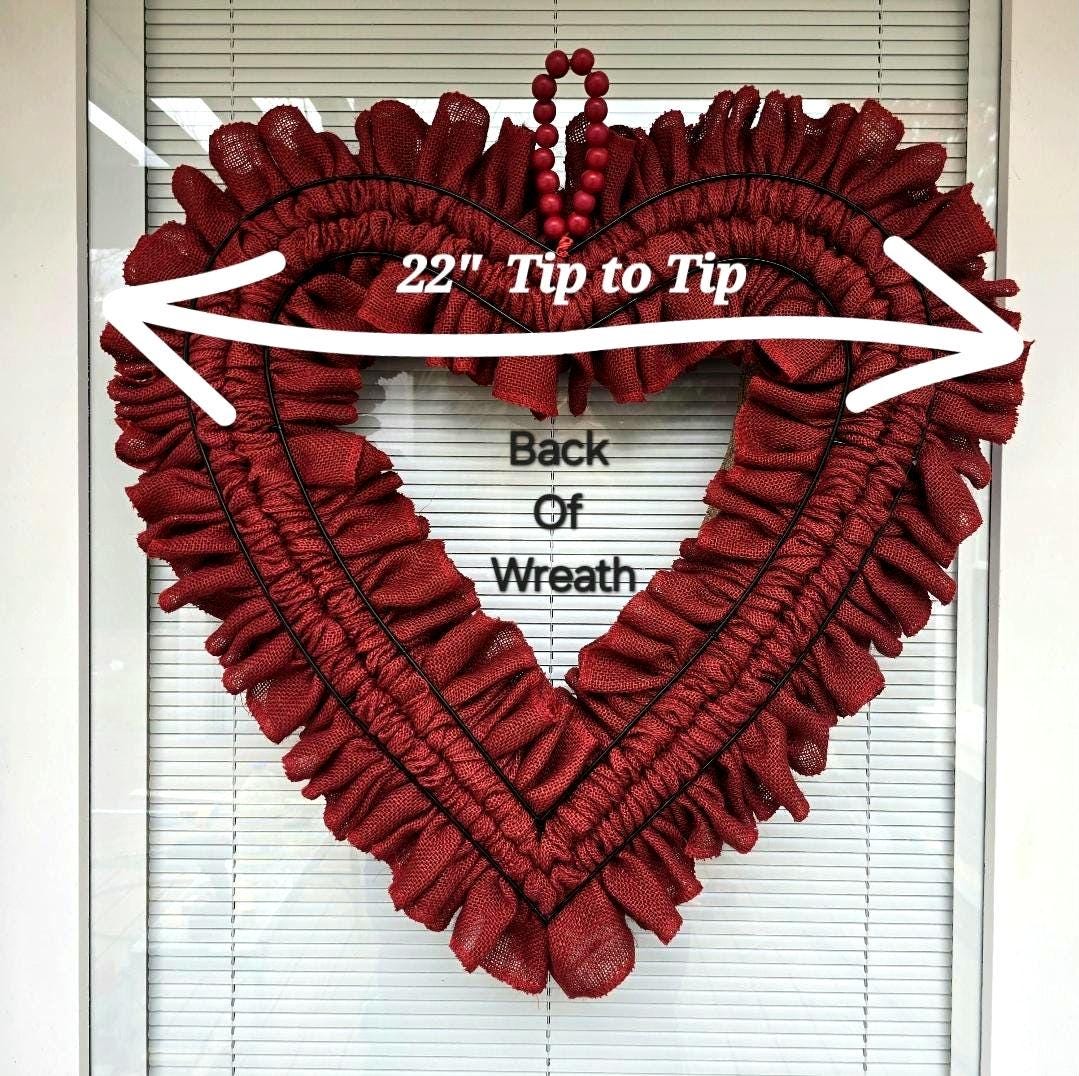 VALENTINES DAY WREATH For Front Door Outdoor Double Door Wreaths Vday Porch Decor - 22" Red Heart Shaped Burlap Wreath
