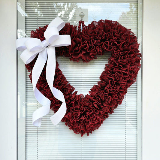 VALENTINES DAY WREATH For Front Door Outdoor Double Door Wreaths Vday Porch Decor - 22" Red Heart Shaped Burlap Wreath