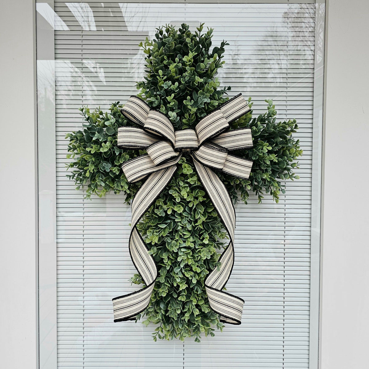 Boxwood Cross Wreath for Front Door, Farmhouse Religious Decor, Easter & Lent Cross Wreaths, Christian Door Hanger