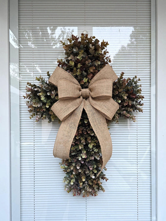 Boxwood Cross Wreath for Front Door, Farmhouse Religious Decor, Easter & Lent Cross Wreaths, Christian Door Hanger